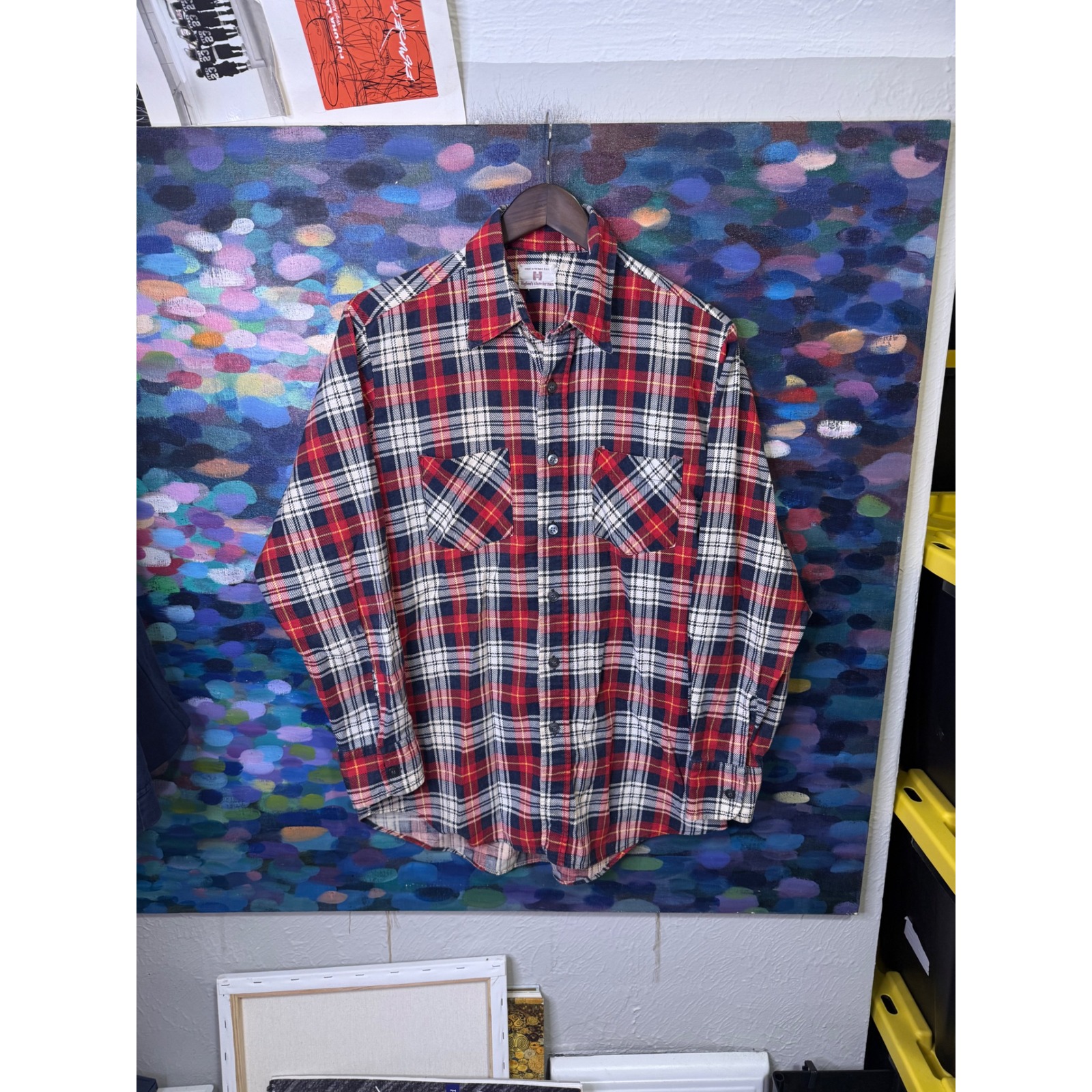 Vintage Higbees Plaid Flannel Shirt Red Navy Blue Long Sleeve L Distressed